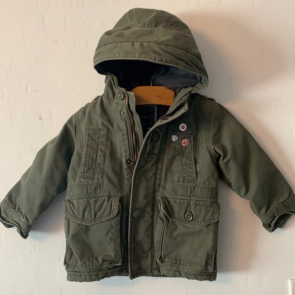 💚Baby Gap Toddler 2 years Khaki Army Green Hooded Denim Jacket w padding inside - Picture 1 of 15